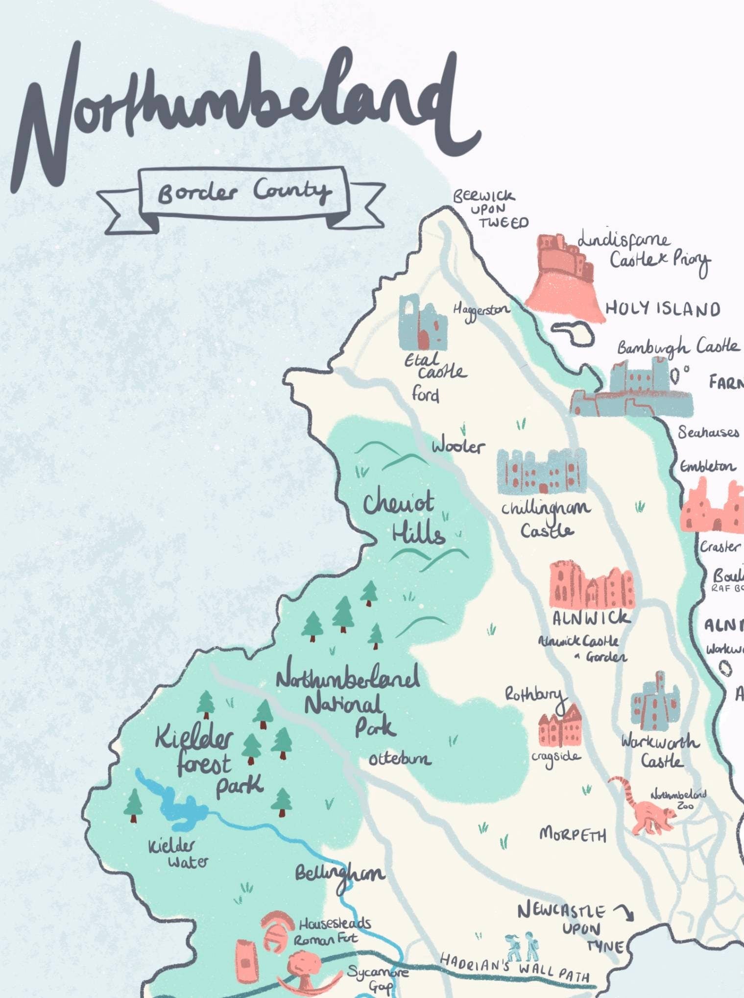 County of Northumberland Illustrated Map (unframed), Northumbria, Alnwick, Cheviot hills