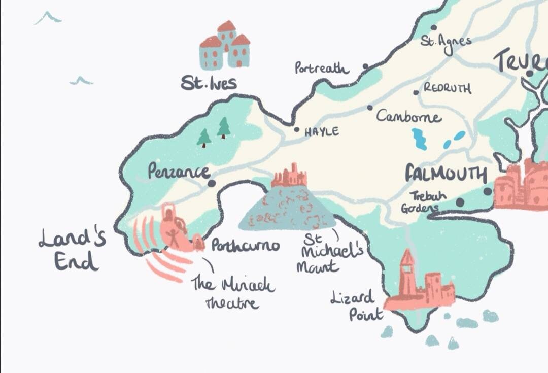 County of Cornwall Illustrated Map, St Ives, Falmouth, Land's End