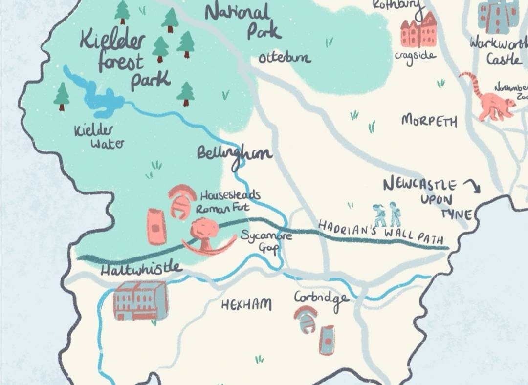 County of Northumberland Illustrated Map (unframed), Northumbria, Alnwick, Cheviot hills