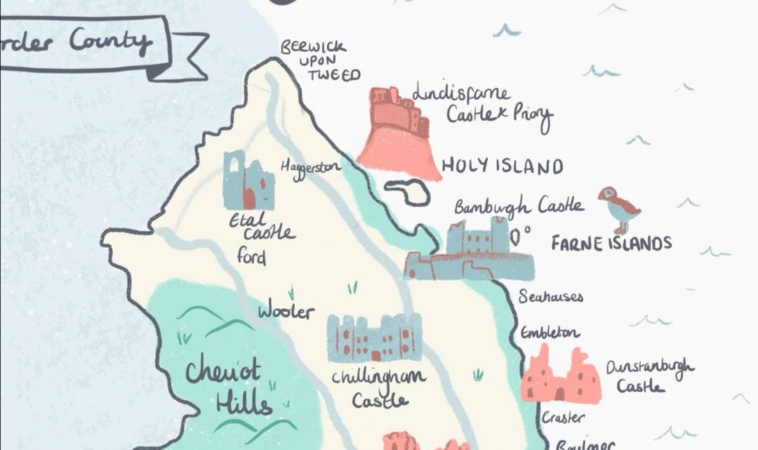County of Northumberland Illustrated Map (unframed), Northumbria, Alnwick, Cheviot hills