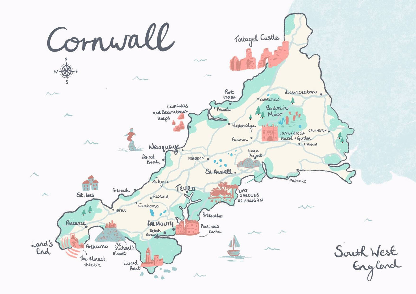 County of Cornwall Illustrated Map, St Ives, Falmouth, Land's End