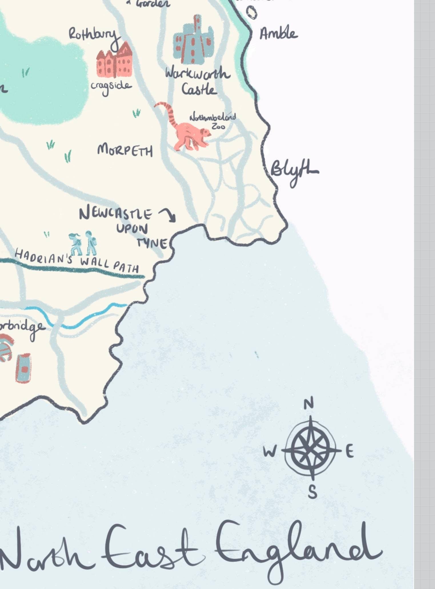 County of Northumberland Illustrated Map (unframed), Northumbria, Alnwick, Cheviot hills