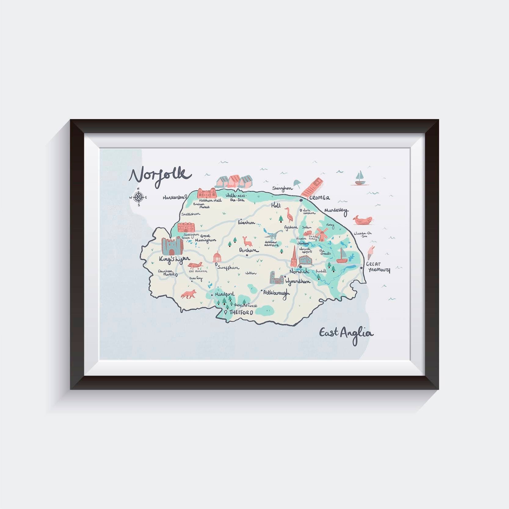 County of Norfolk Illustrated Map, Norwich, Thetford, North Norfolk Coast