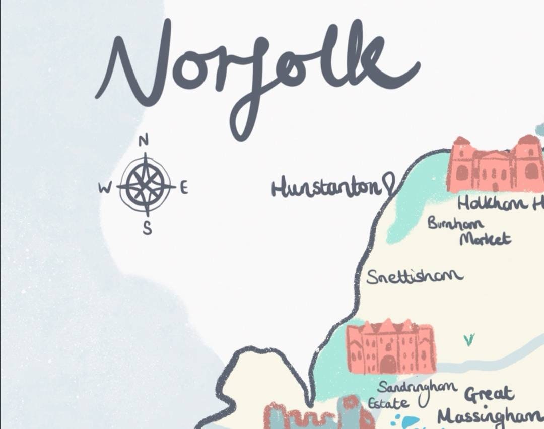 County of Norfolk Illustrated Map, Norwich, Thetford, North Norfolk Coast
