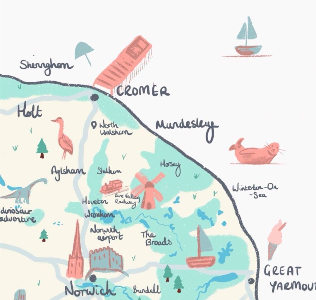 County of Norfolk Illustrated Map, Norwich, Thetford, North Norfolk Coast