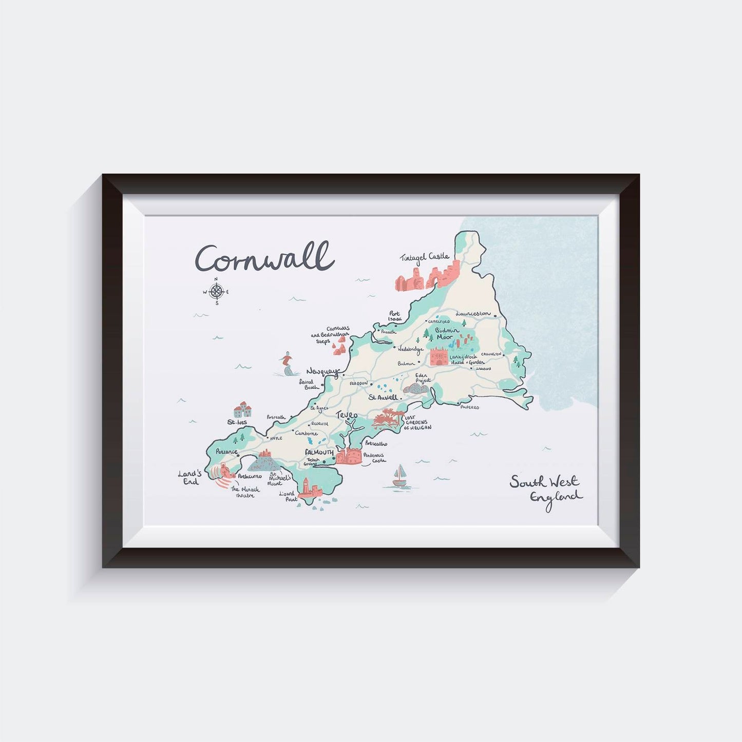 County of Cornwall Illustrated Map, St Ives, Falmouth, Land's End