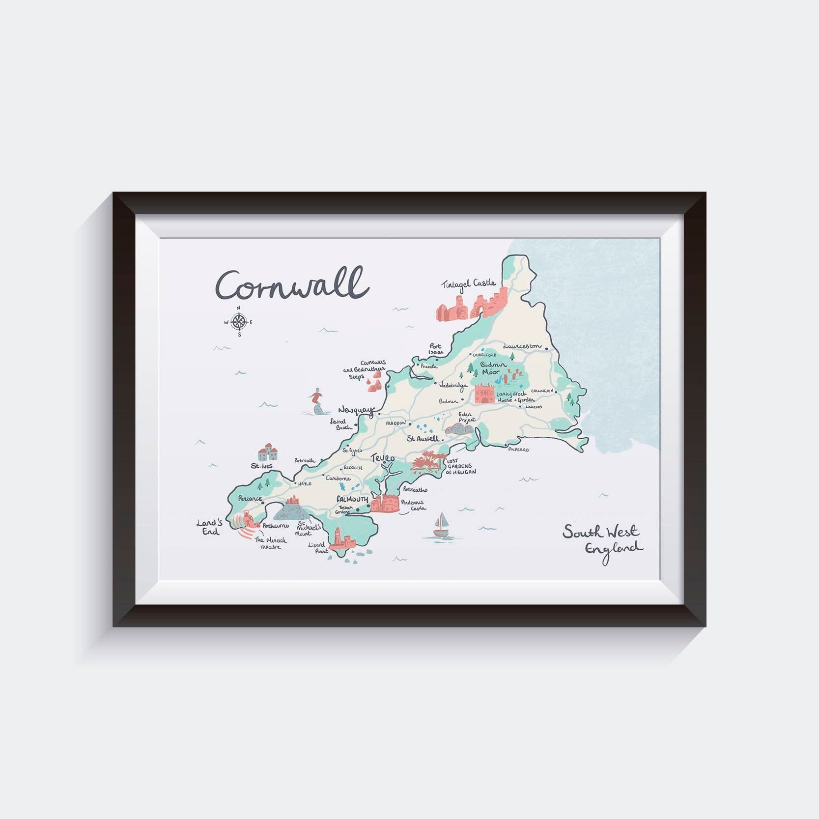 County of Cornwall Illustrated Map, St Ives, Falmouth, Land's End