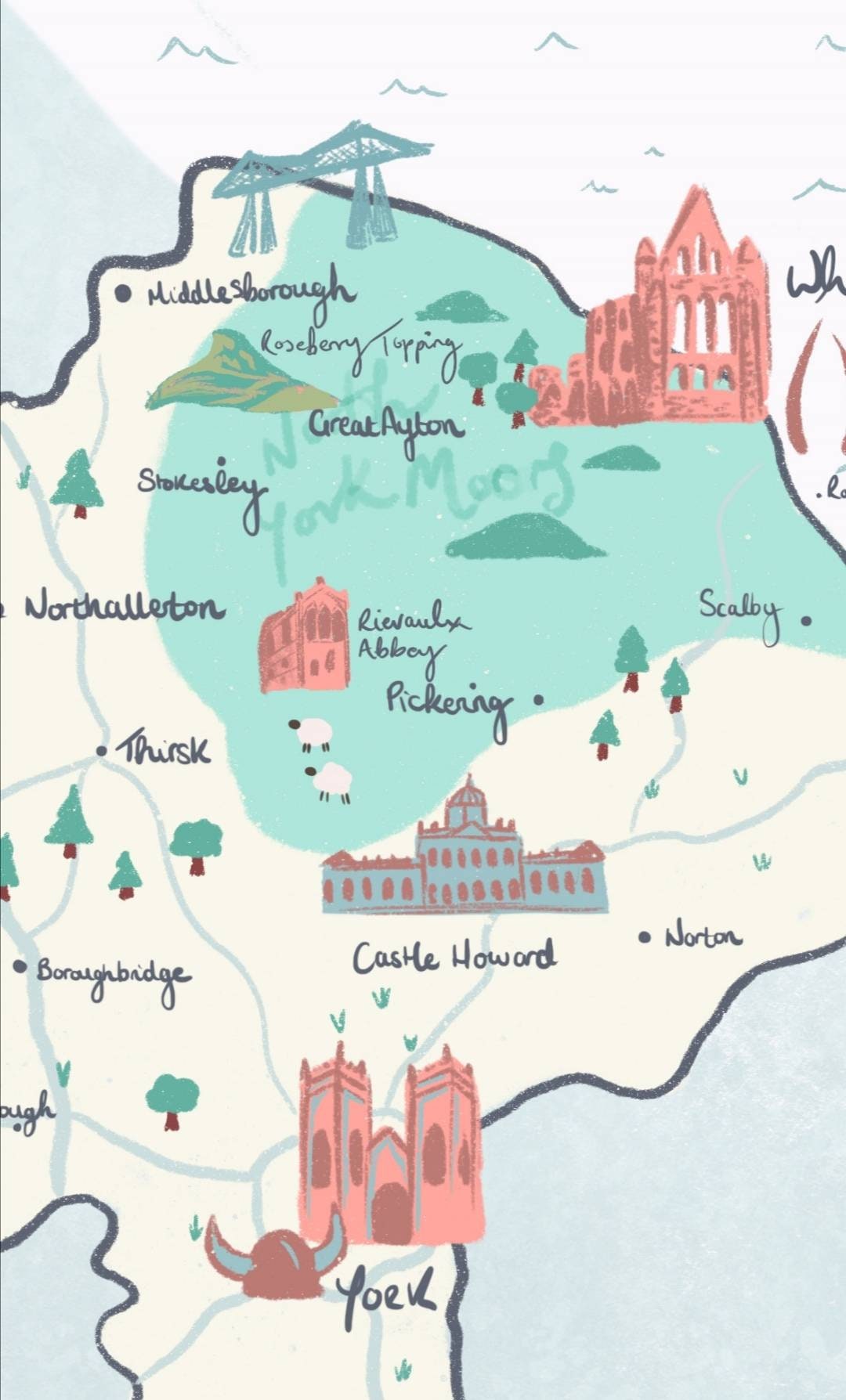 North Yorkshire County Illustrated Map - Richmond, Ripon, Fountains Abbey, York