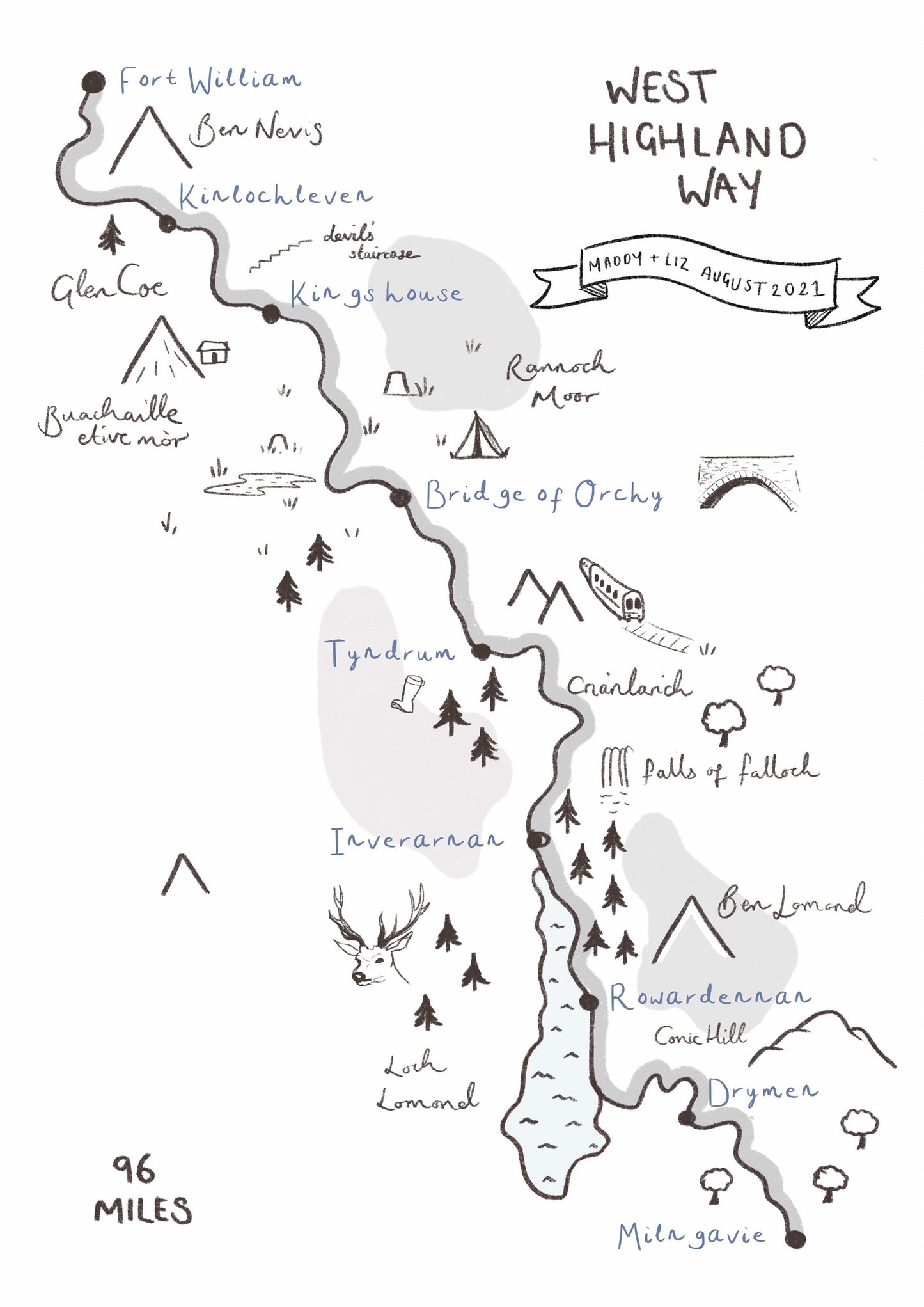 West Highland Way Map Illustration, Customisable, Personalised WHW Print