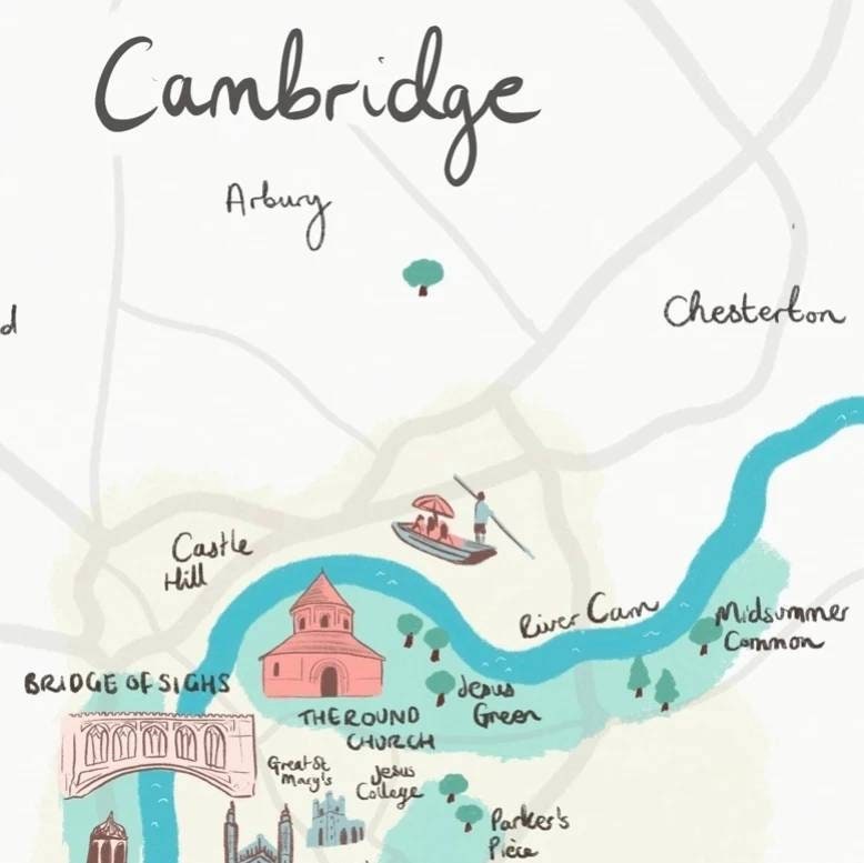 Cambridge Illustrated Map, Kings College, River Cam