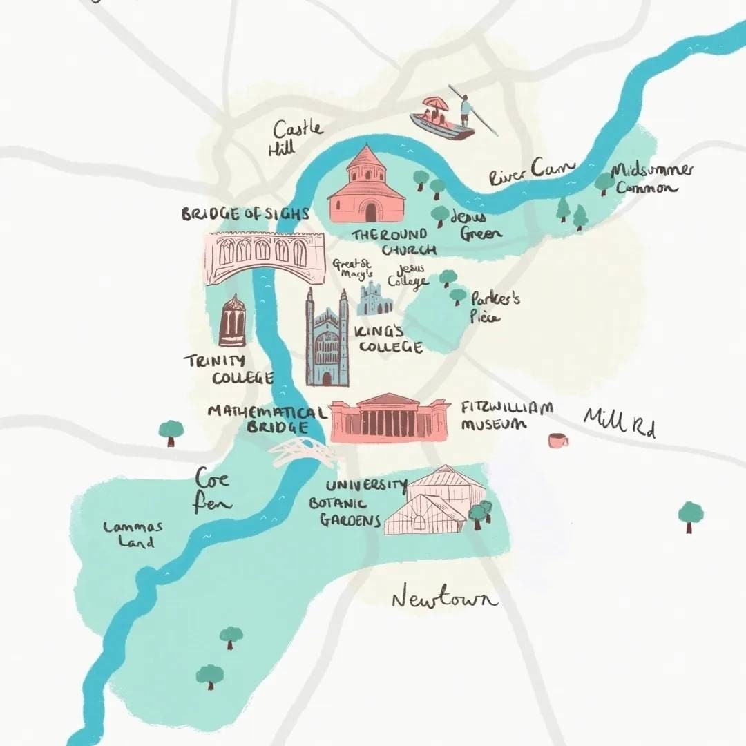 Cambridge Illustrated Map, Kings College, River Cam