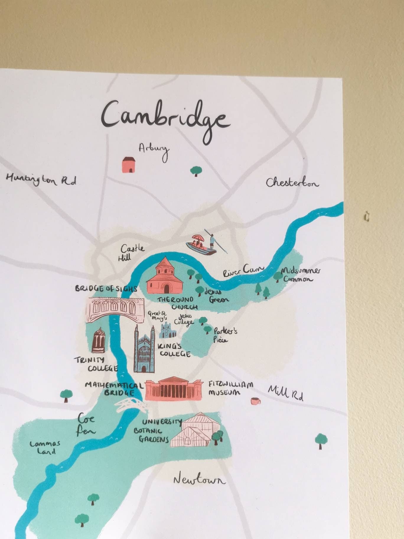 Cambridge Illustrated Map, Kings College, River Cam