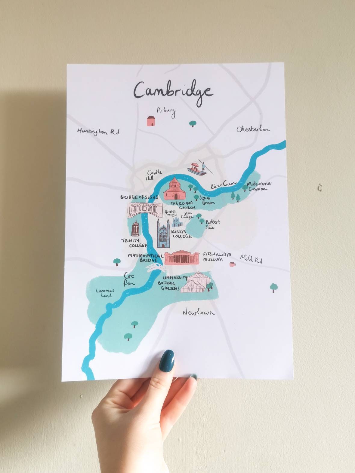 Cambridge Illustrated Map, Kings College, River Cam