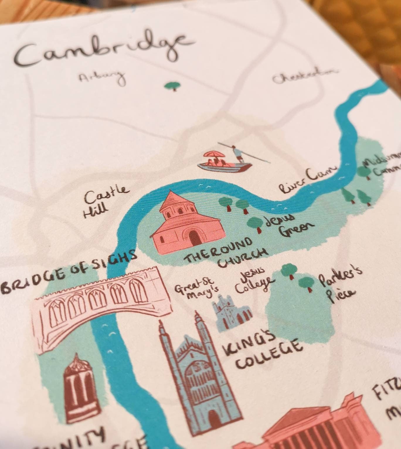 Cambridge Illustrated Map, Kings College, River Cam
