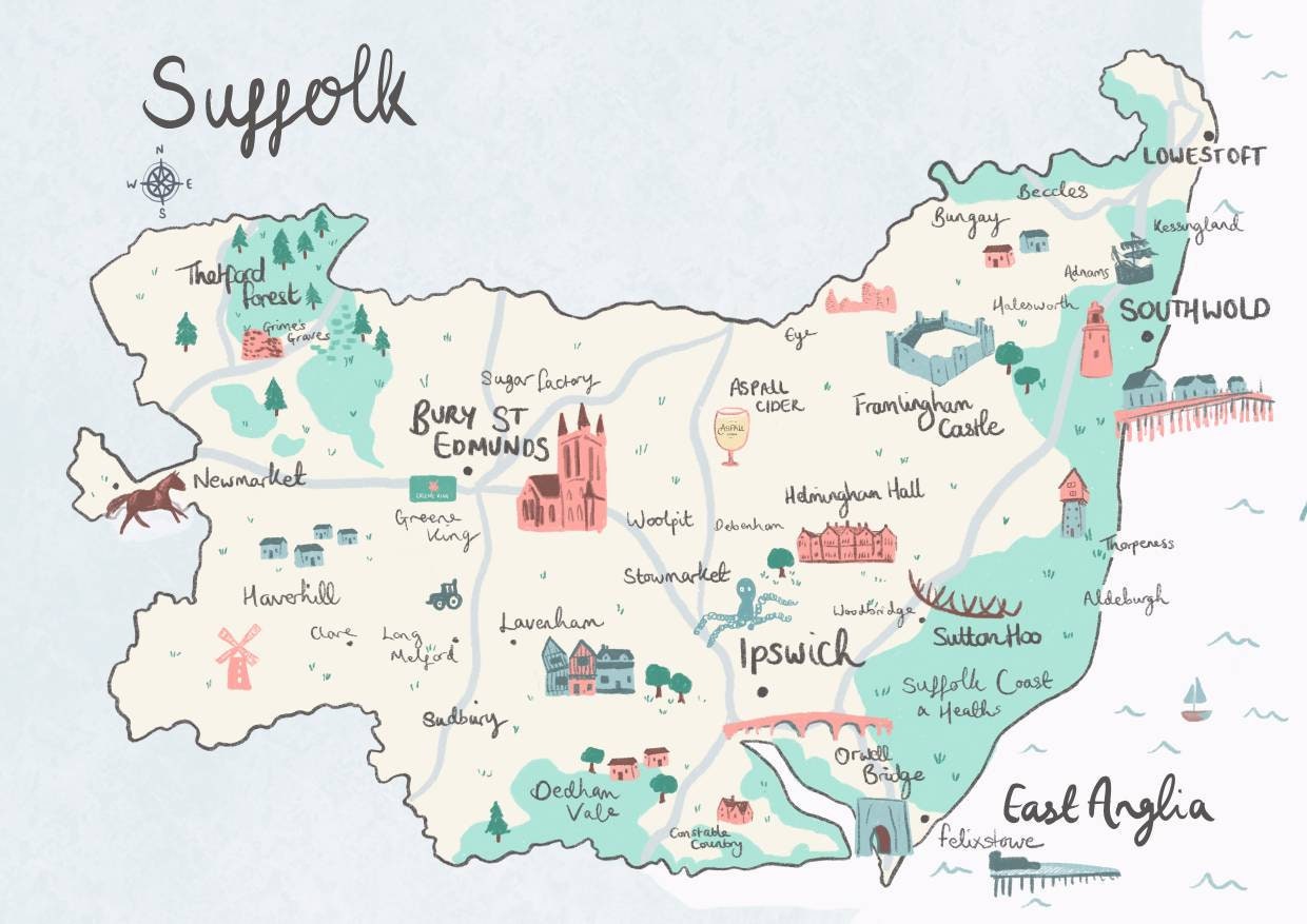 Suffolk County Illustrated Map - Ipswich, Lowestoft, Southwold etc