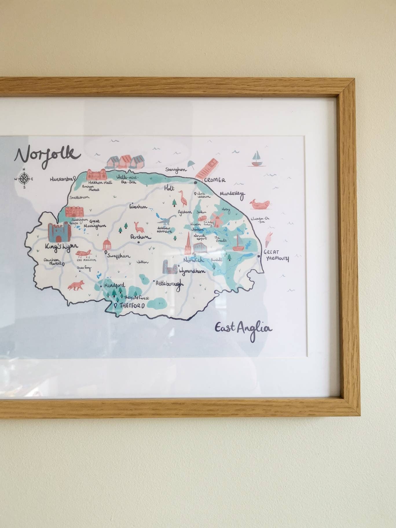 County of Norfolk Illustrated Map, Norwich, Thetford, North Norfolk Coast