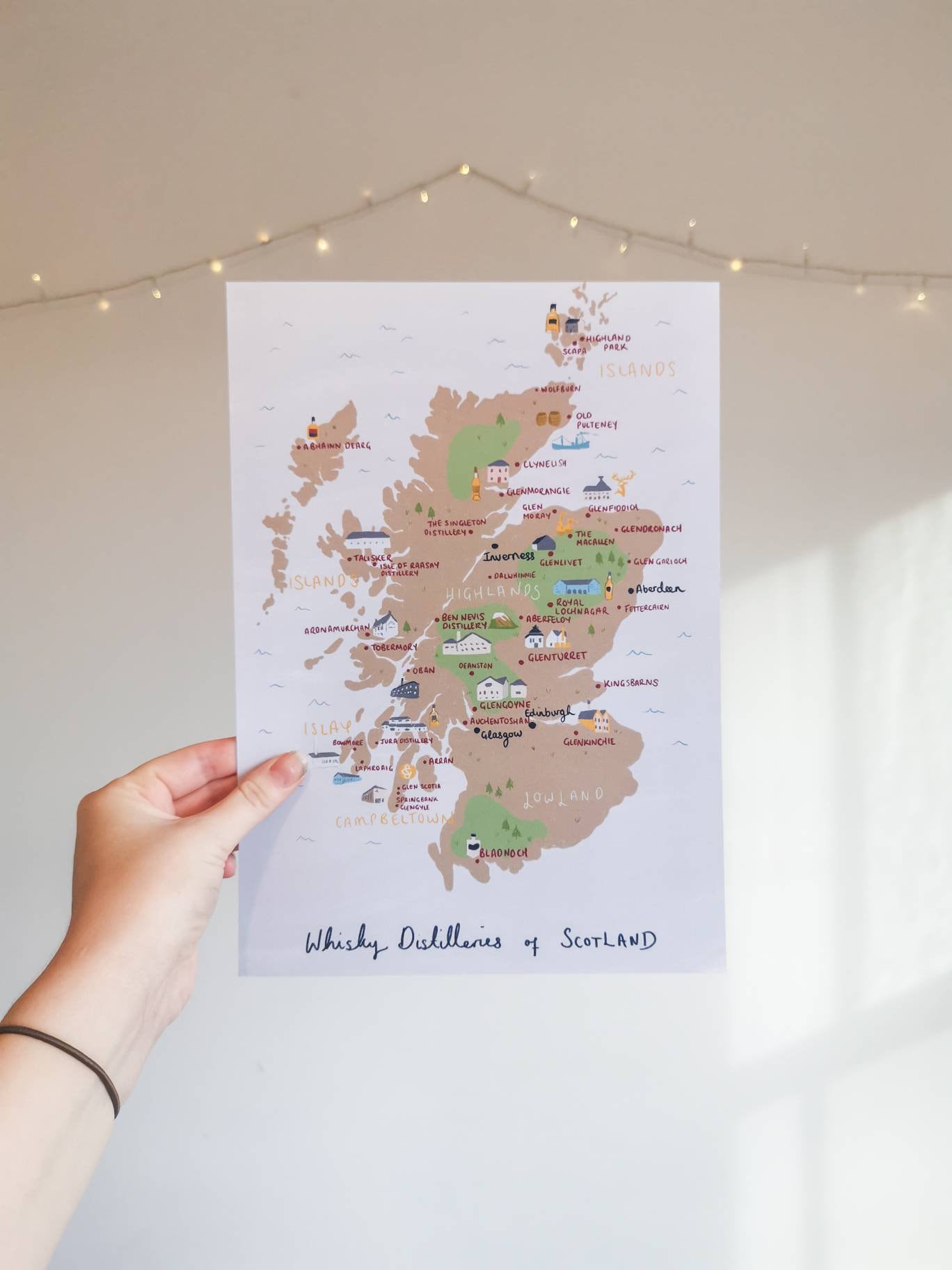 Whisky Distilleries of Scotland Illustrated Map- Islay, Campbeltown, Islands, Lowland, Highlands. Glenfiddich, Talisker, Glen Scotia.