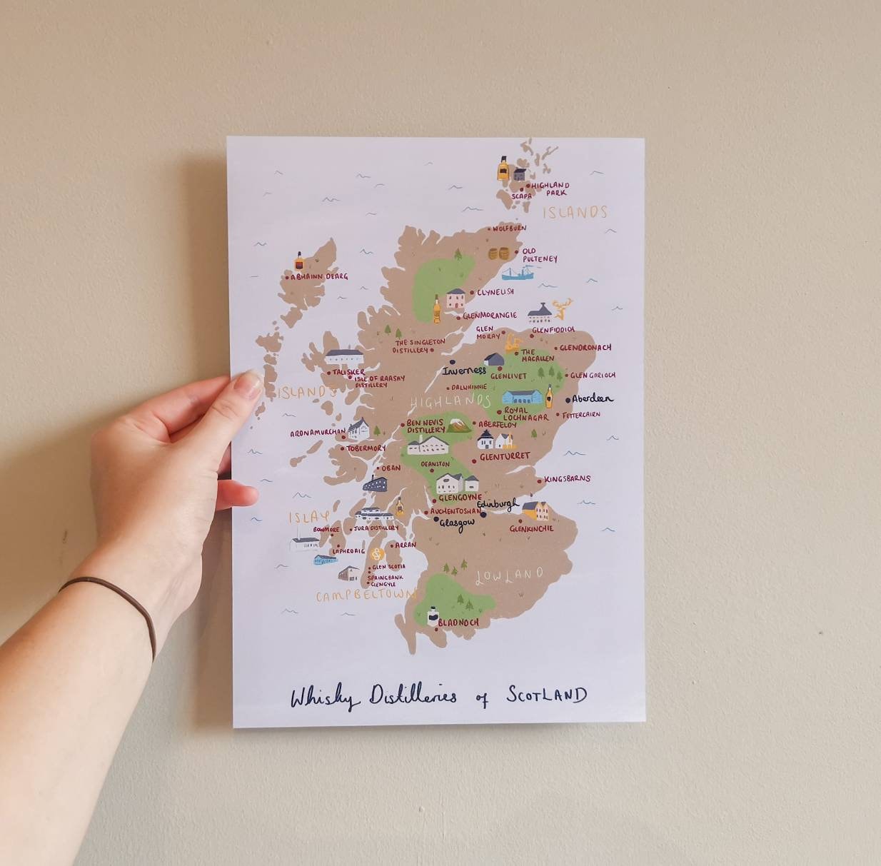 Whisky Distilleries of Scotland Illustrated Map- Islay, Campbeltown, Islands, Lowland, Highlands. Glenfiddich, Talisker, Glen Scotia.