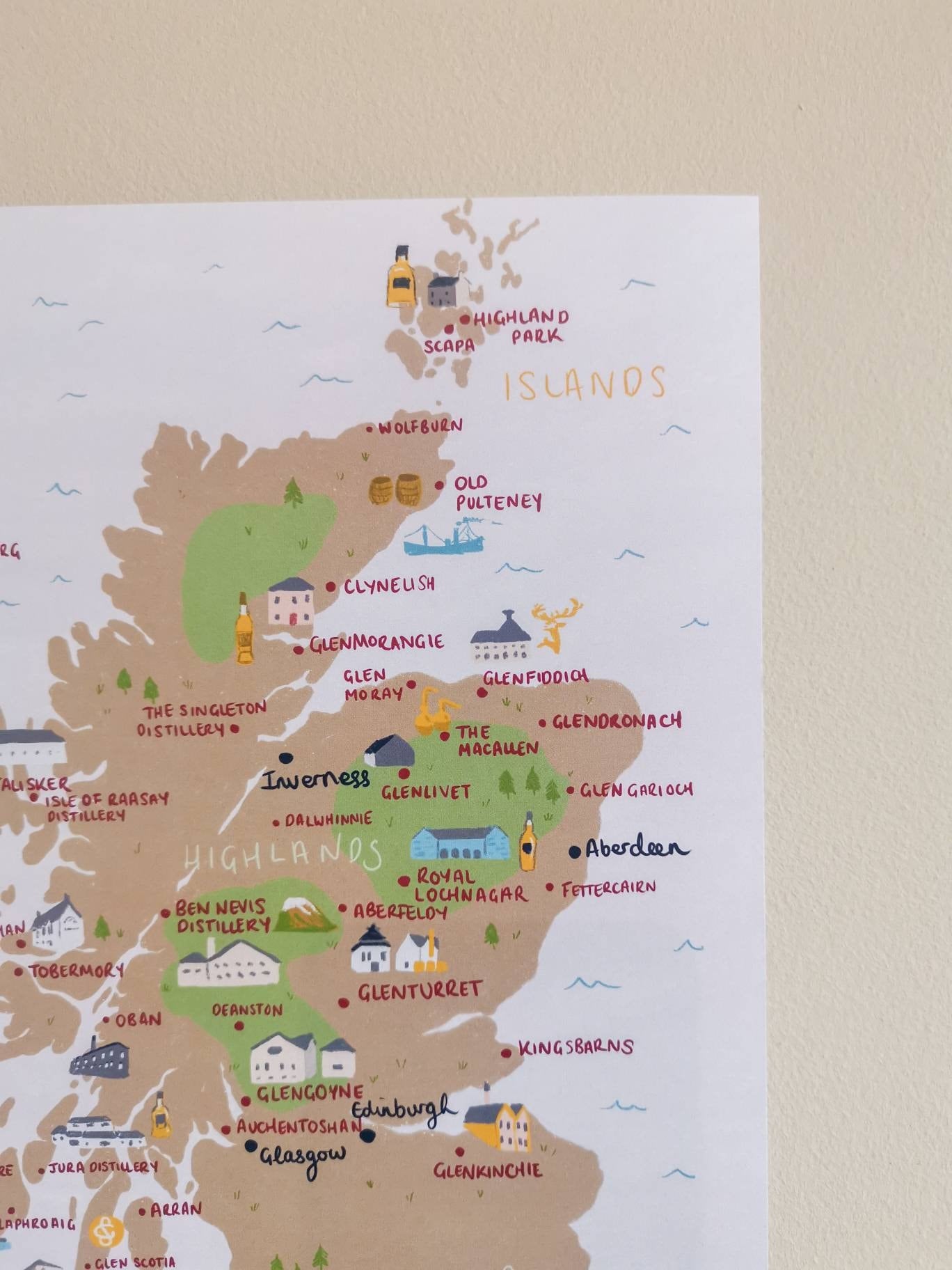 Whisky Distilleries of Scotland Illustrated Map- Islay, Campbeltown, Islands, Lowland, Highlands. Glenfiddich, Talisker, Glen Scotia.
