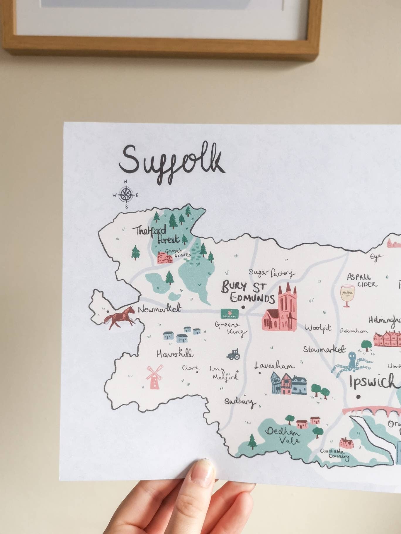 Suffolk County Illustrated Map - Ipswich, Lowestoft, Southwold etc