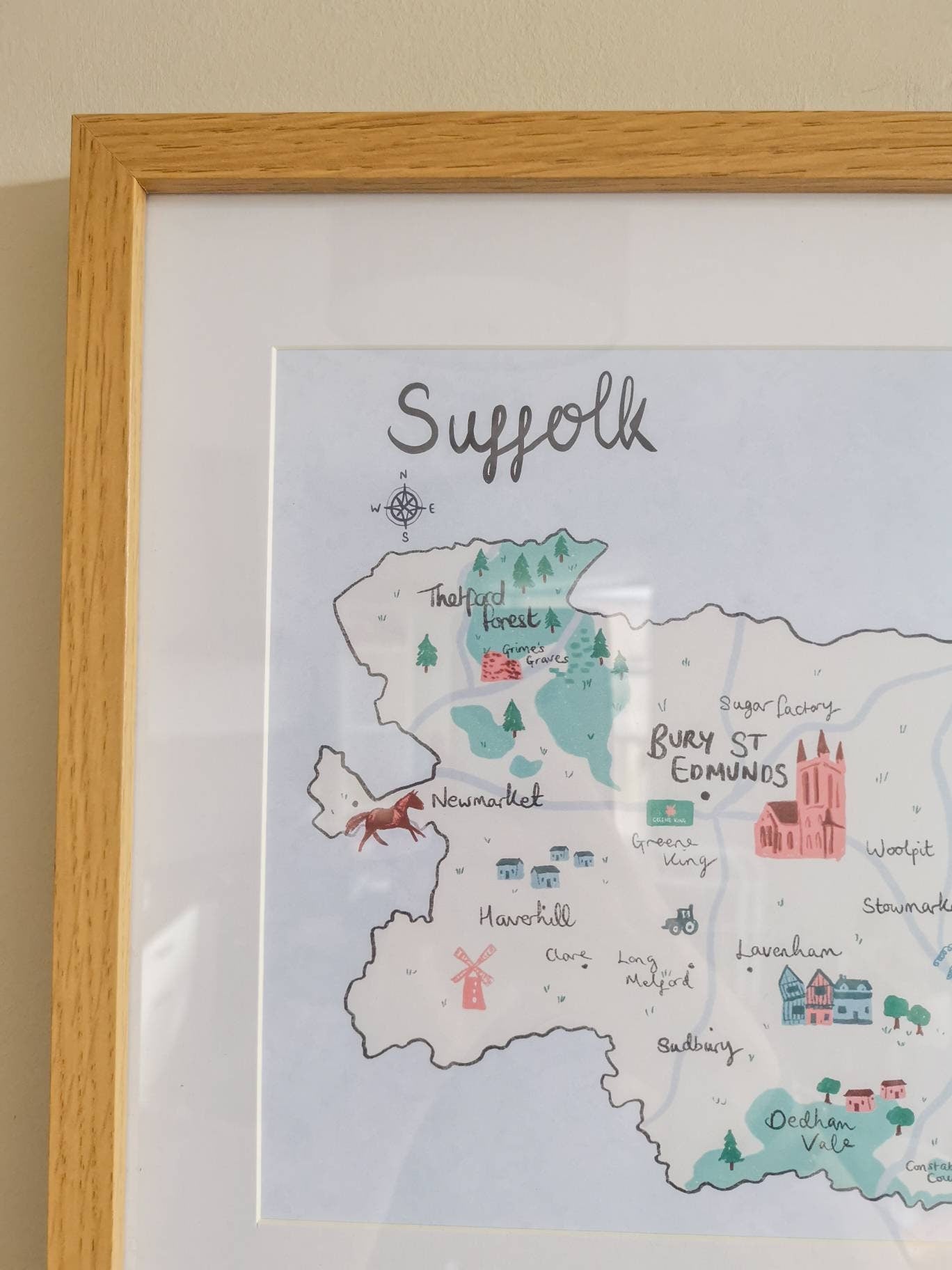 Suffolk County Illustrated Map - Ipswich, Lowestoft, Southwold etc