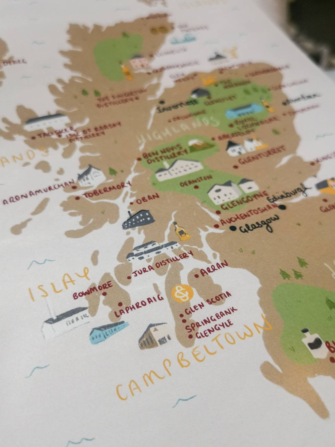 Whisky Distilleries of Scotland Illustrated Map- Islay, Campbeltown, Islands, Lowland, Highlands. Glenfiddich, Talisker, Glen Scotia.