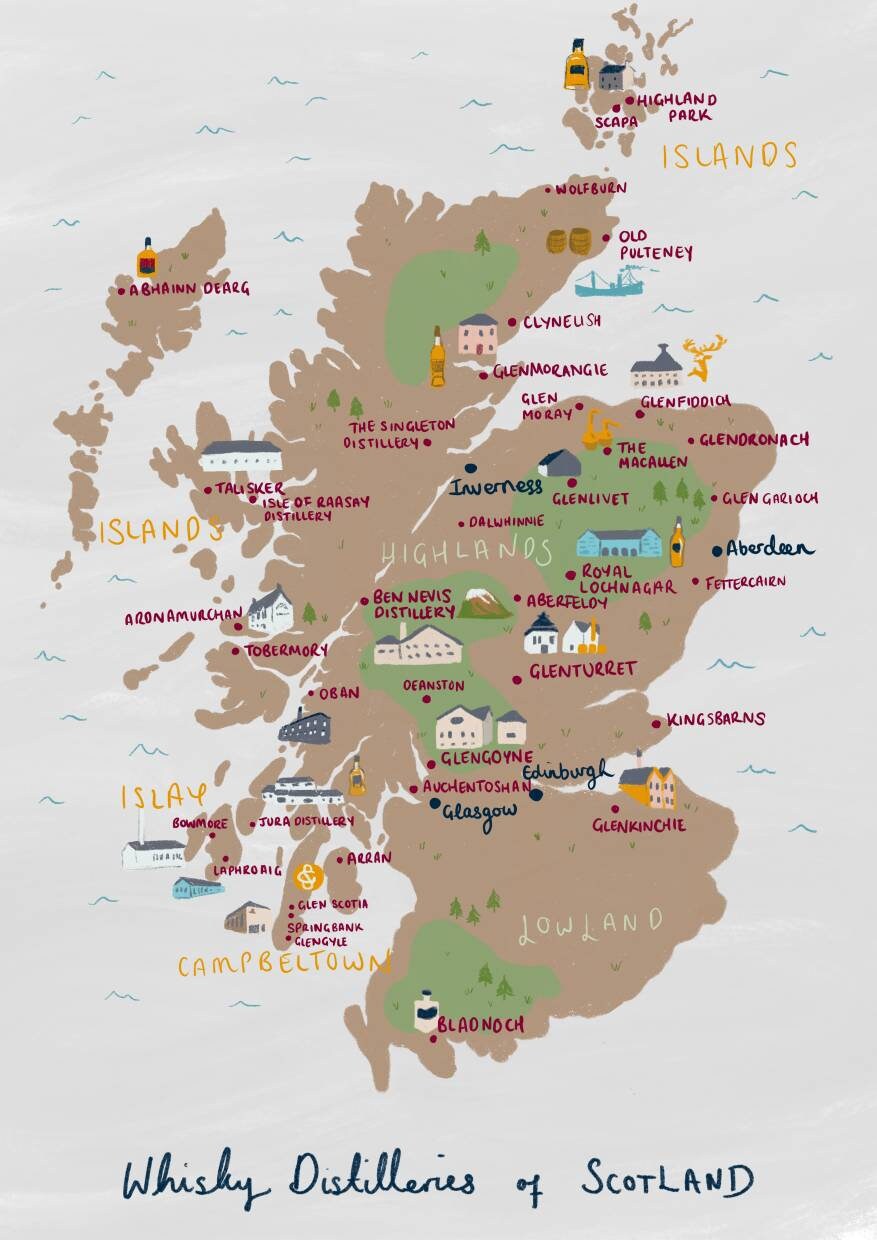 Whisky Distilleries of Scotland Illustrated Map- Islay, Campbeltown, Islands, Lowland, Highlands. Glenfiddich, Talisker, Glen Scotia.