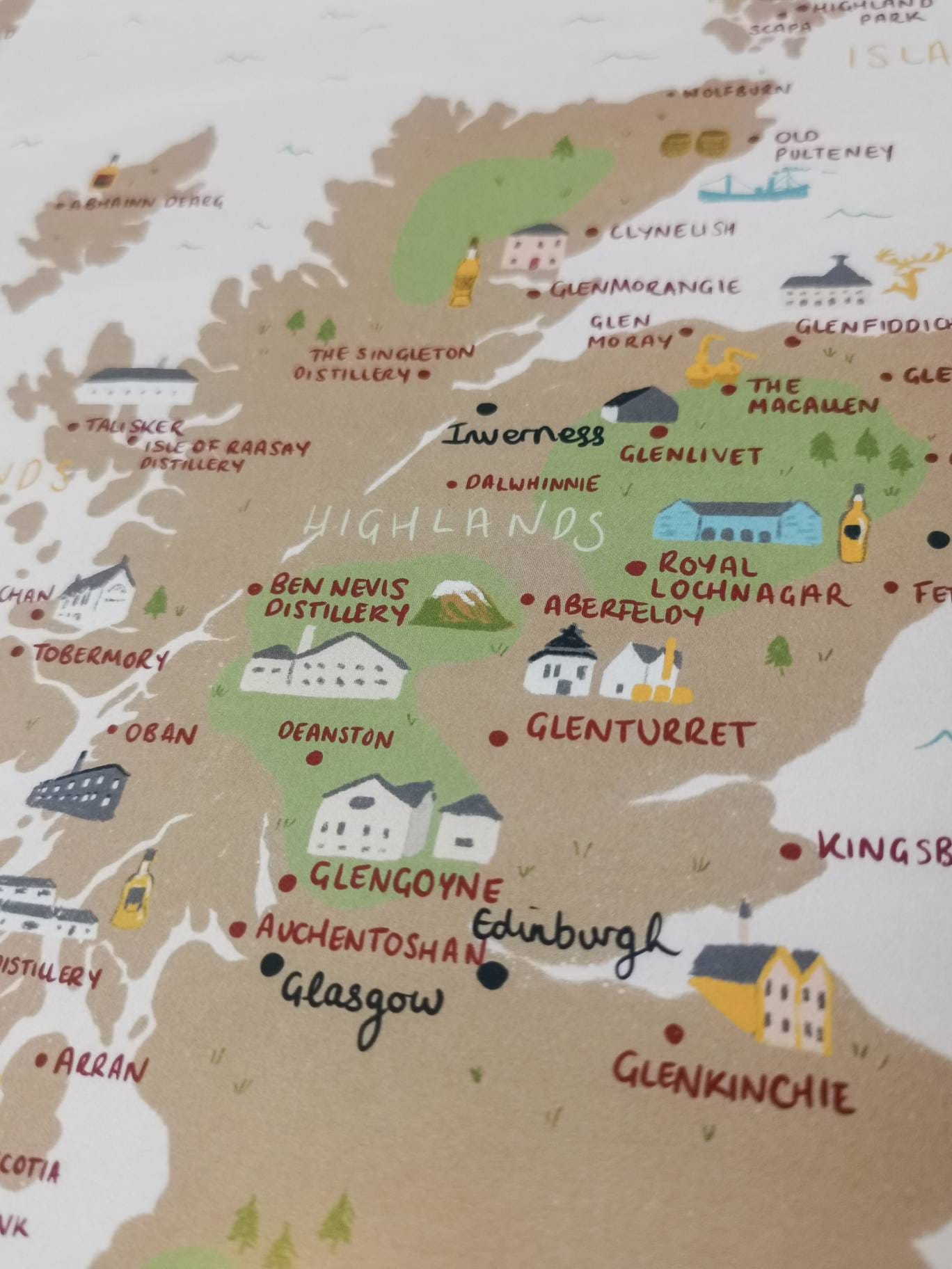 Whisky Distilleries of Scotland Illustrated Map- Islay, Campbeltown, Islands, Lowland, Highlands. Glenfiddich, Talisker, Glen Scotia.