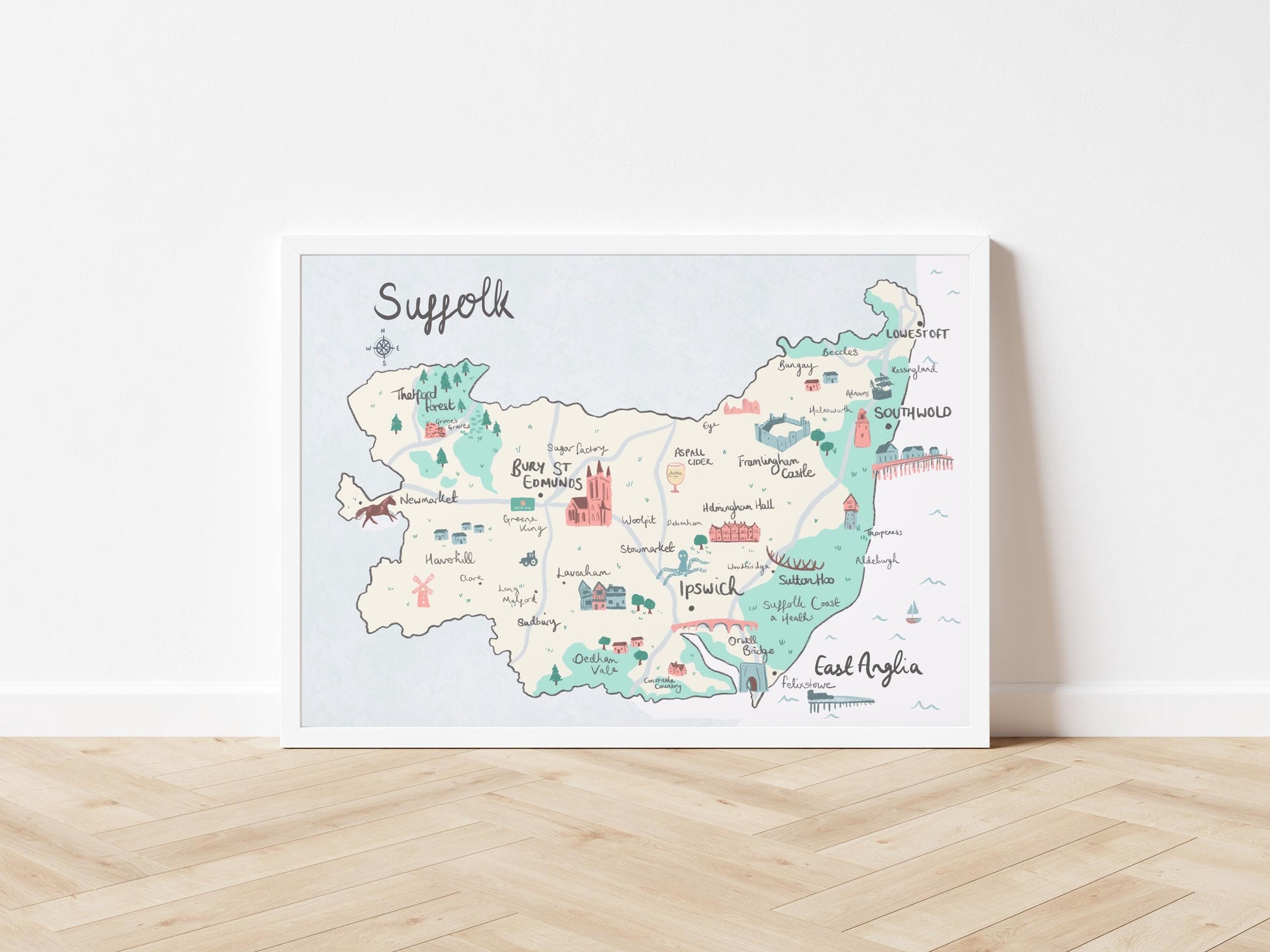 Suffolk County Illustrated Map - Ipswich, Lowestoft, Southwold etc