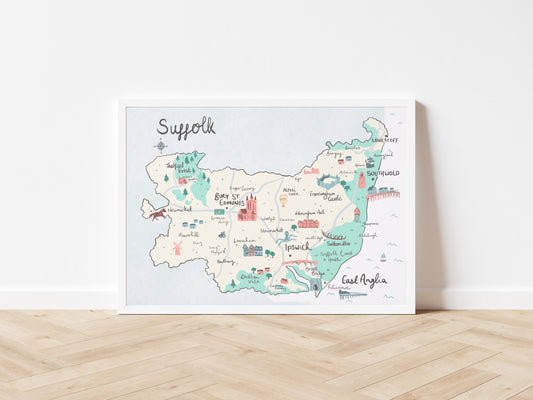 Suffolk County Illustrated Map - Ipswich, Lowestoft, Southwold etc