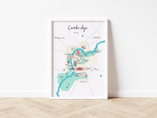 Cambridge Illustrated Map, Kings College, River Cam