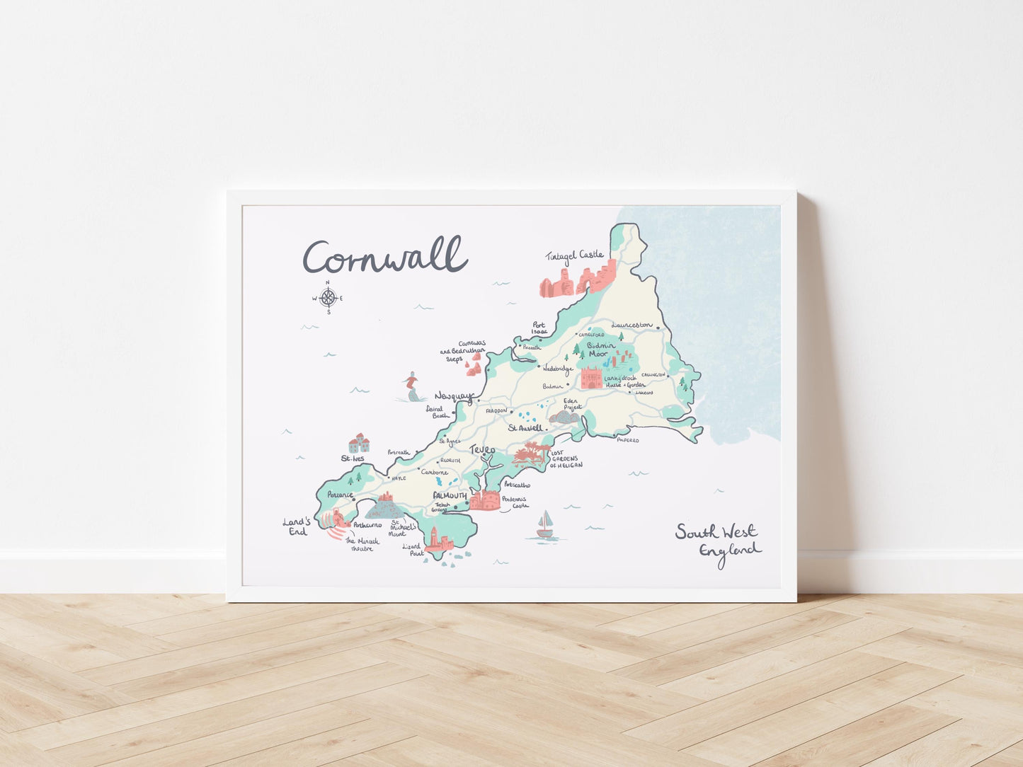 County of Cornwall Illustrated Map, St Ives, Falmouth, Land's End