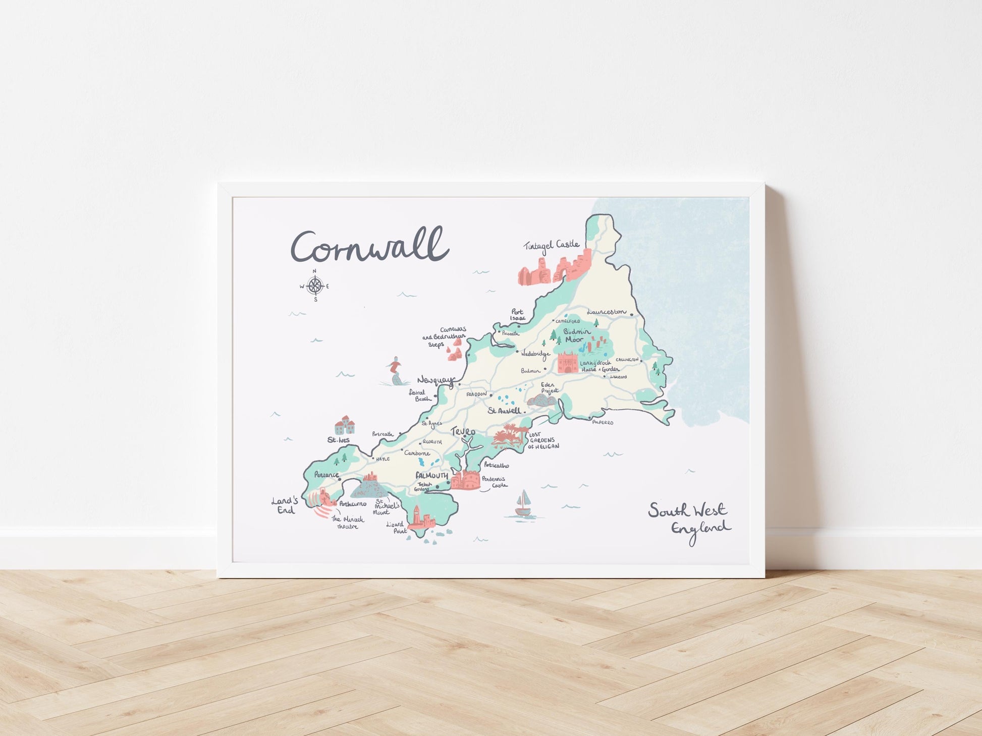 County of Cornwall Illustrated Map, St Ives, Falmouth, Land's End