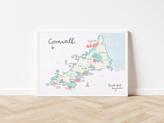 County of Cornwall Illustrated Map, St Ives, Falmouth, Land's End