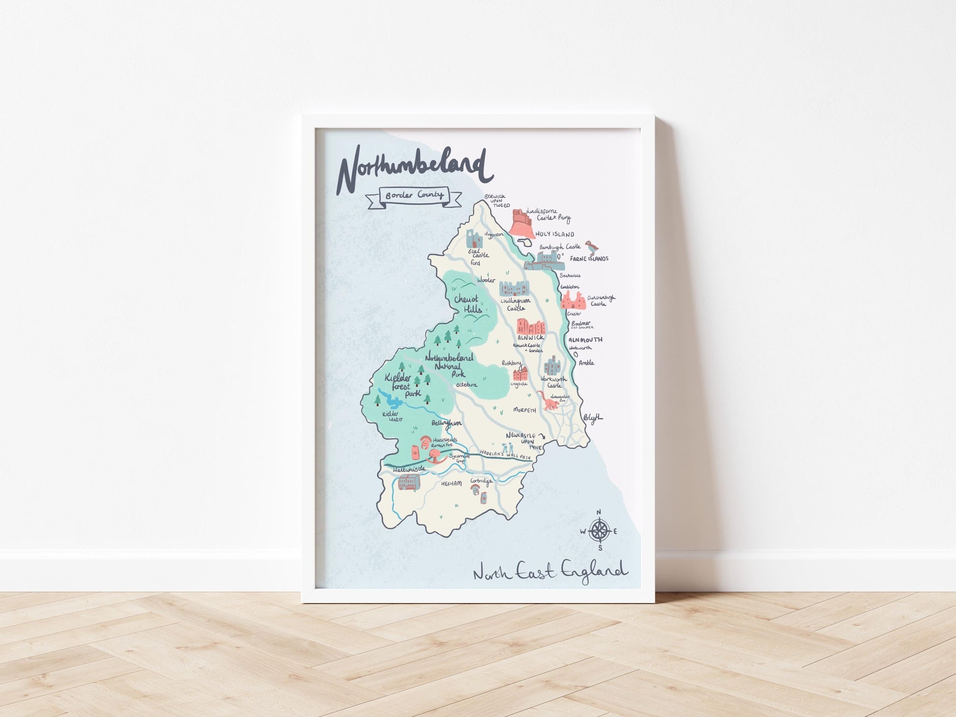 County of Northumberland Illustrated Map (unframed), Northumbria, Alnwick, Cheviot hills