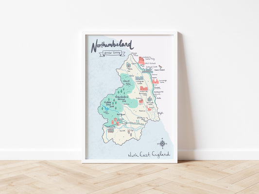 County of Northumberland Illustrated Map (unframed), Northumbria, Alnwick, Cheviot hills