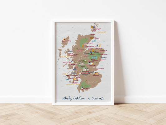 Whisky Distilleries of Scotland Illustrated Map- Islay, Campbeltown, Islands, Lowland, Highlands. Glenfiddich, Talisker, Glen Scotia.