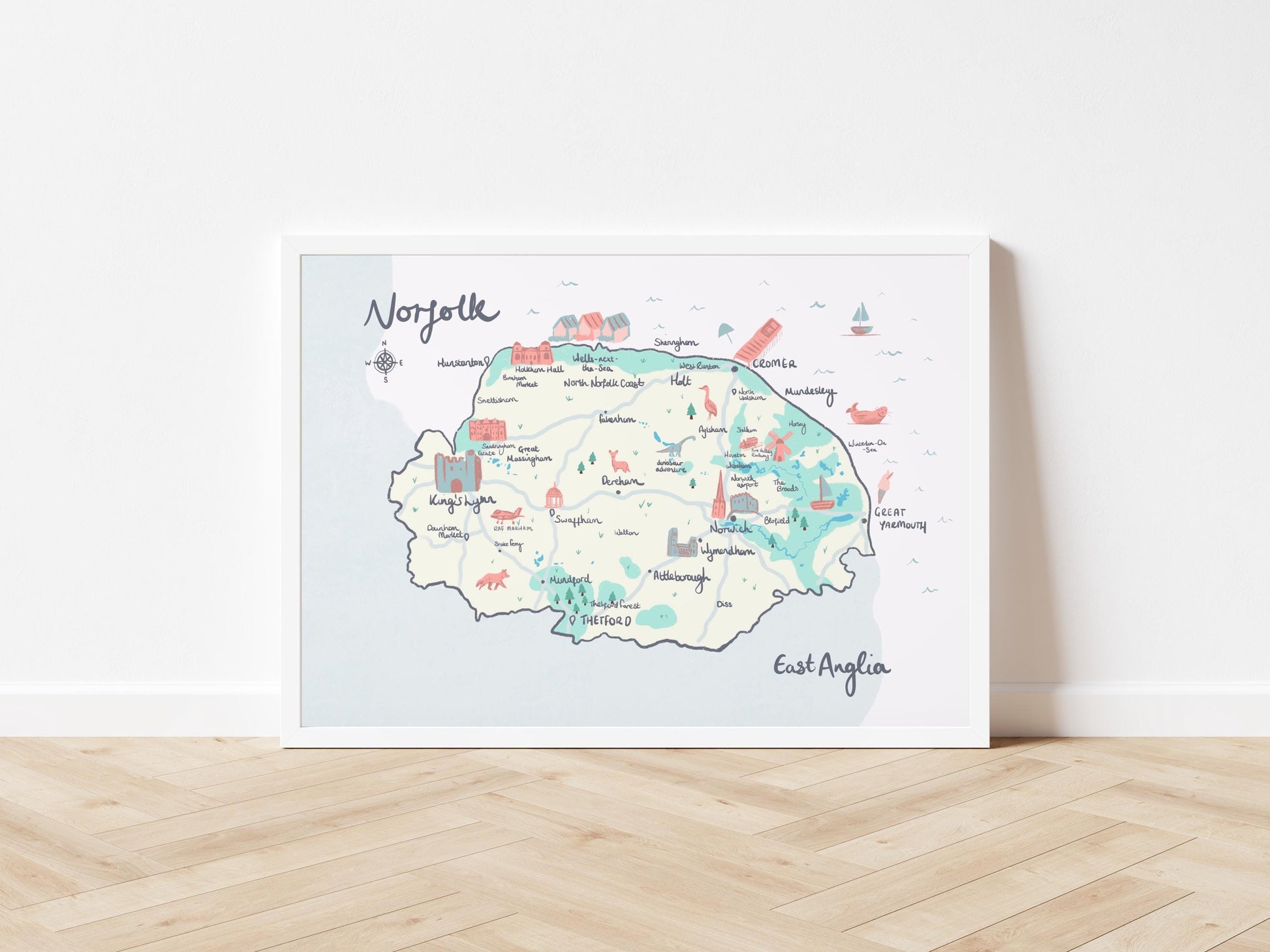 County of Norfolk Illustrated Map, Norwich, Thetford, North Norfolk Coast