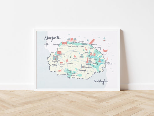 County of Norfolk Illustrated Map, Norwich, Thetford, North Norfolk Coast