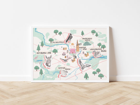 Norwich Illustrated Map (Green spaces in Norwich) - Mousehold Heath, Marston Marshes, UEA Broad, Whitlingham