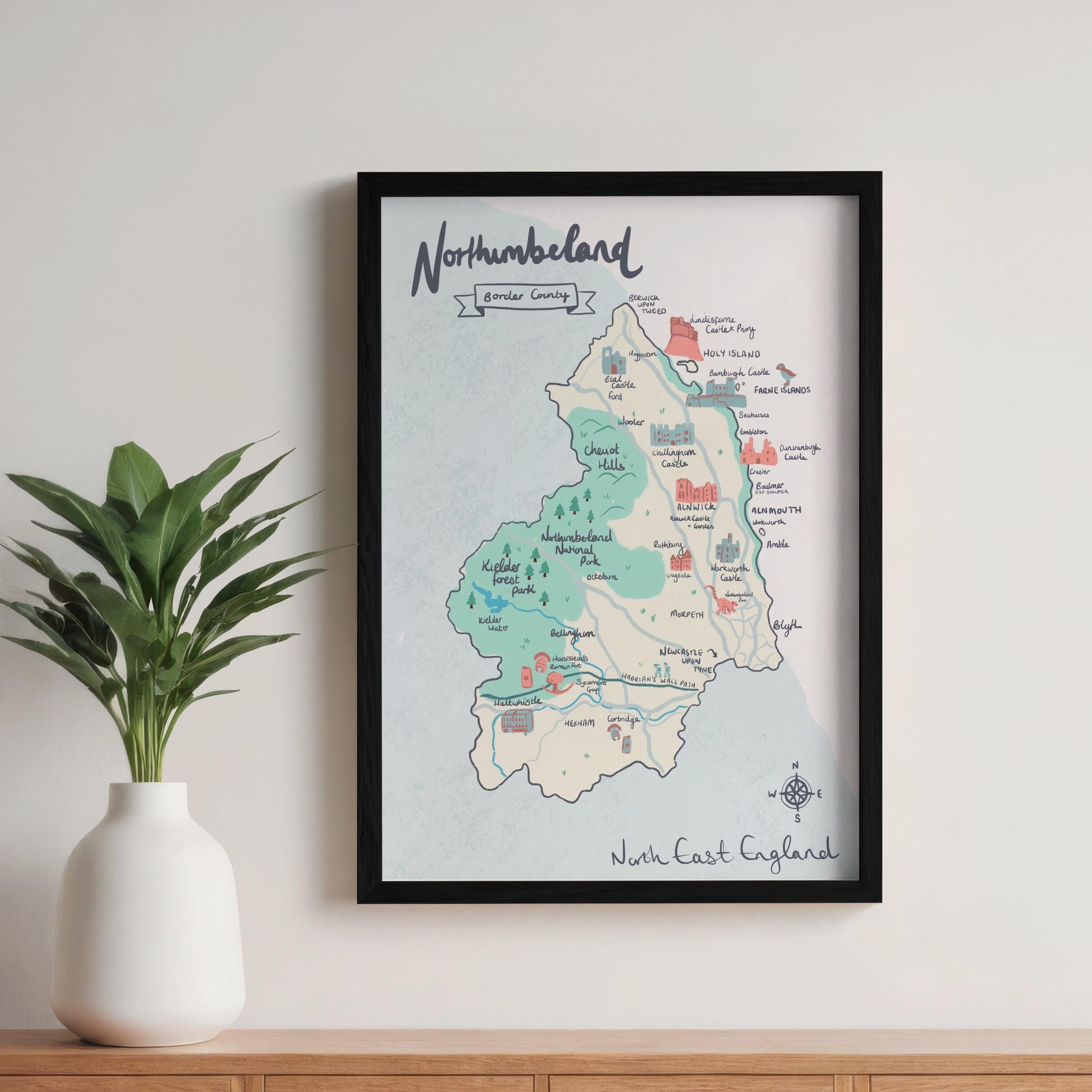 County of Northumberland Illustrated Map (unframed), Northumbria, Alnwick, Cheviot hills