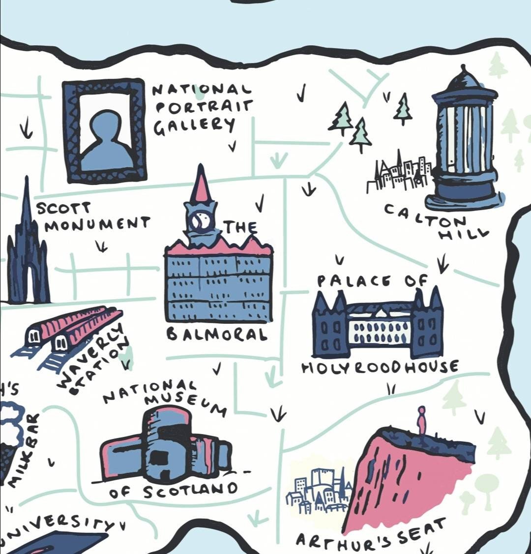 Edinburgh Illustrated Map - Dean Village, University of Edinburgh, Calton Hill, Balmoral