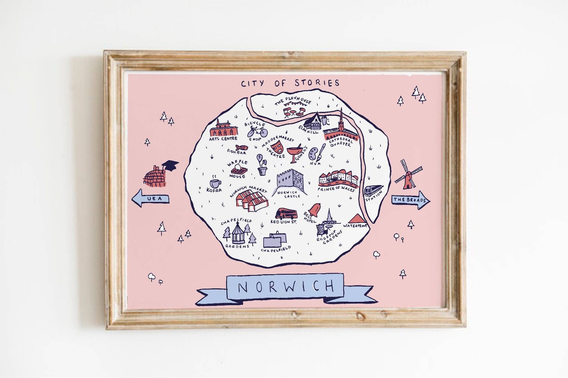 Norwich Illustrated Map - Pink