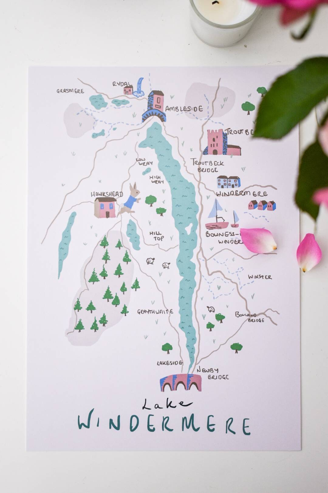 Lake Windermere, The Lake District, illustrated map