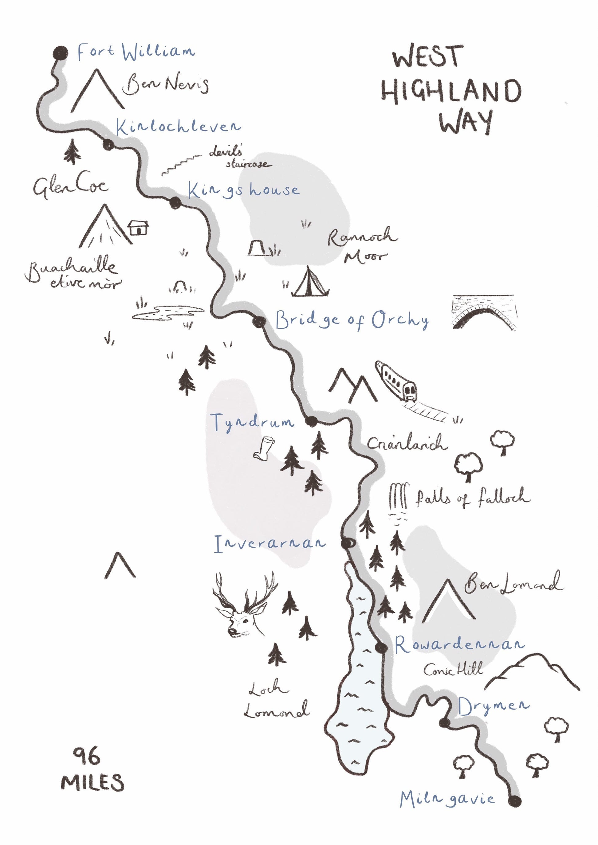 West Highland Way Map Illustration, Customisable, Personalised WHW Print