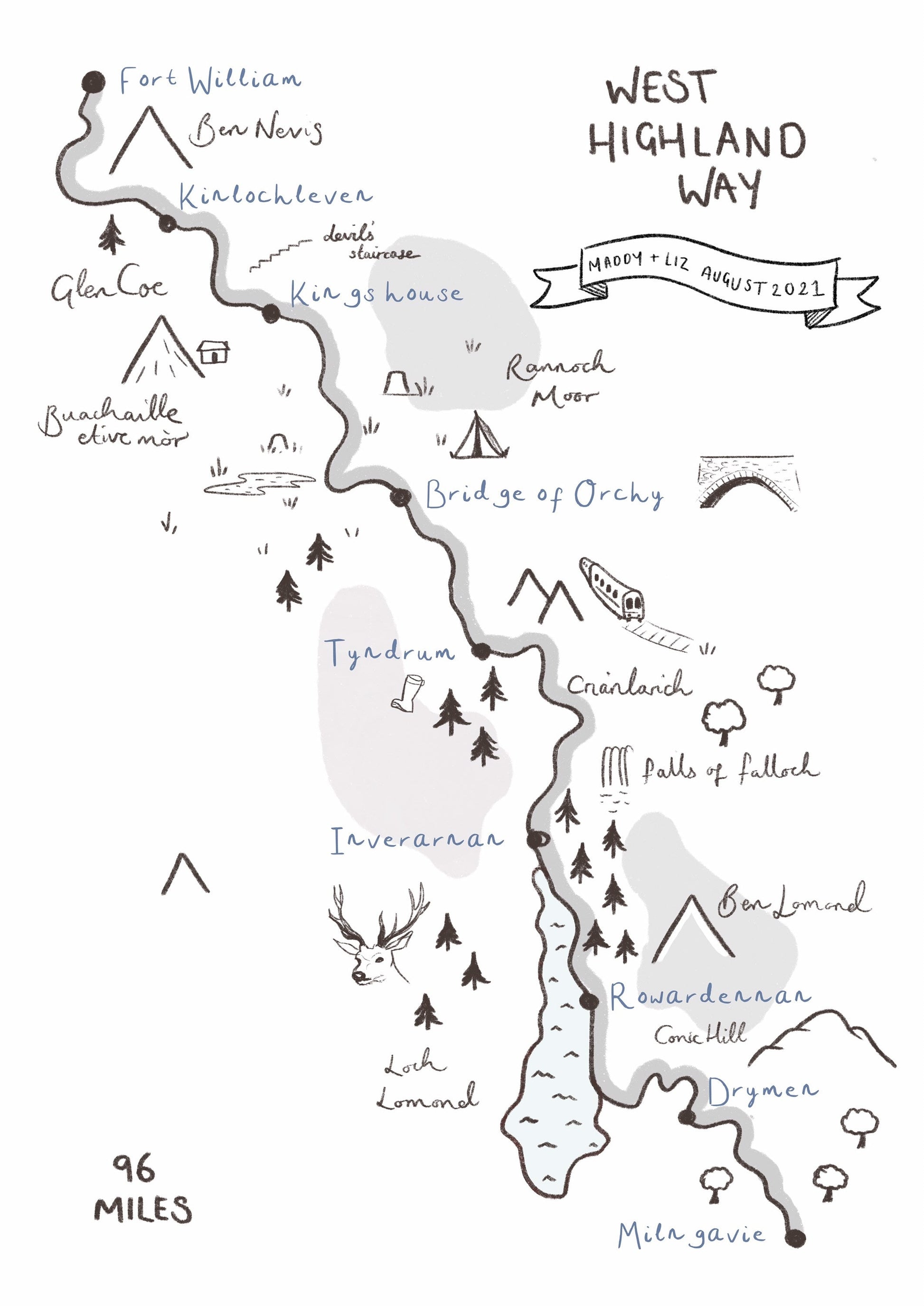 West Highland Way Map Illustration, Customisable, Personalised WHW Print