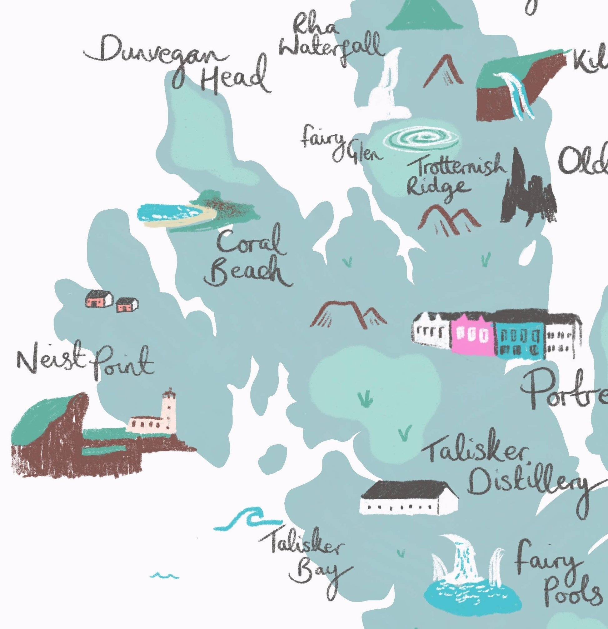 Isle of Skye Illustrated Map Print - Neist Point, Fairy Pools, Quirang, Talisker, Old Man of Storr