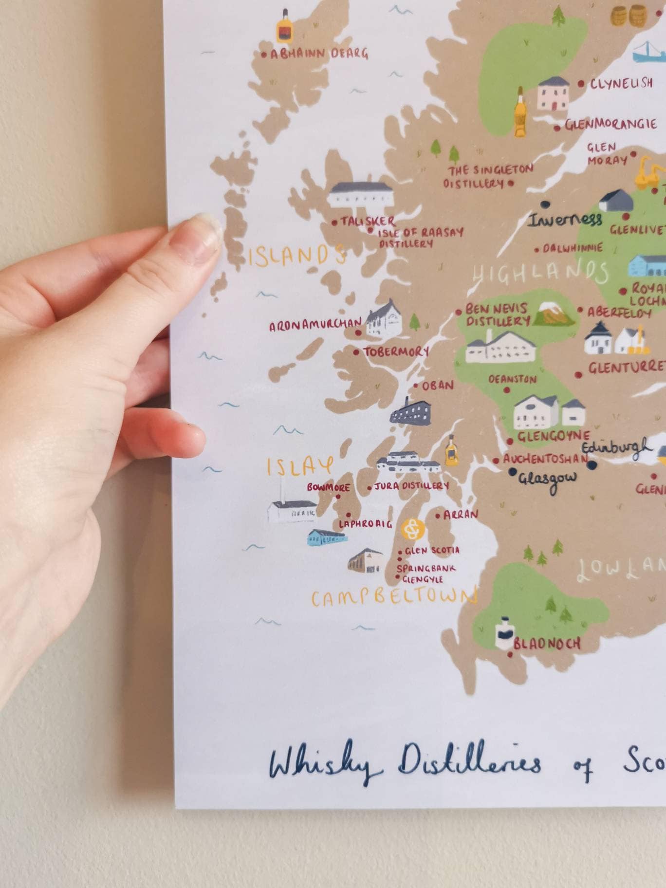 Whisky Distilleries of Scotland Illustrated Map- Islay, Campbeltown, Islands, Lowland, Highlands. Glenfiddich, Talisker, Glen Scotia.